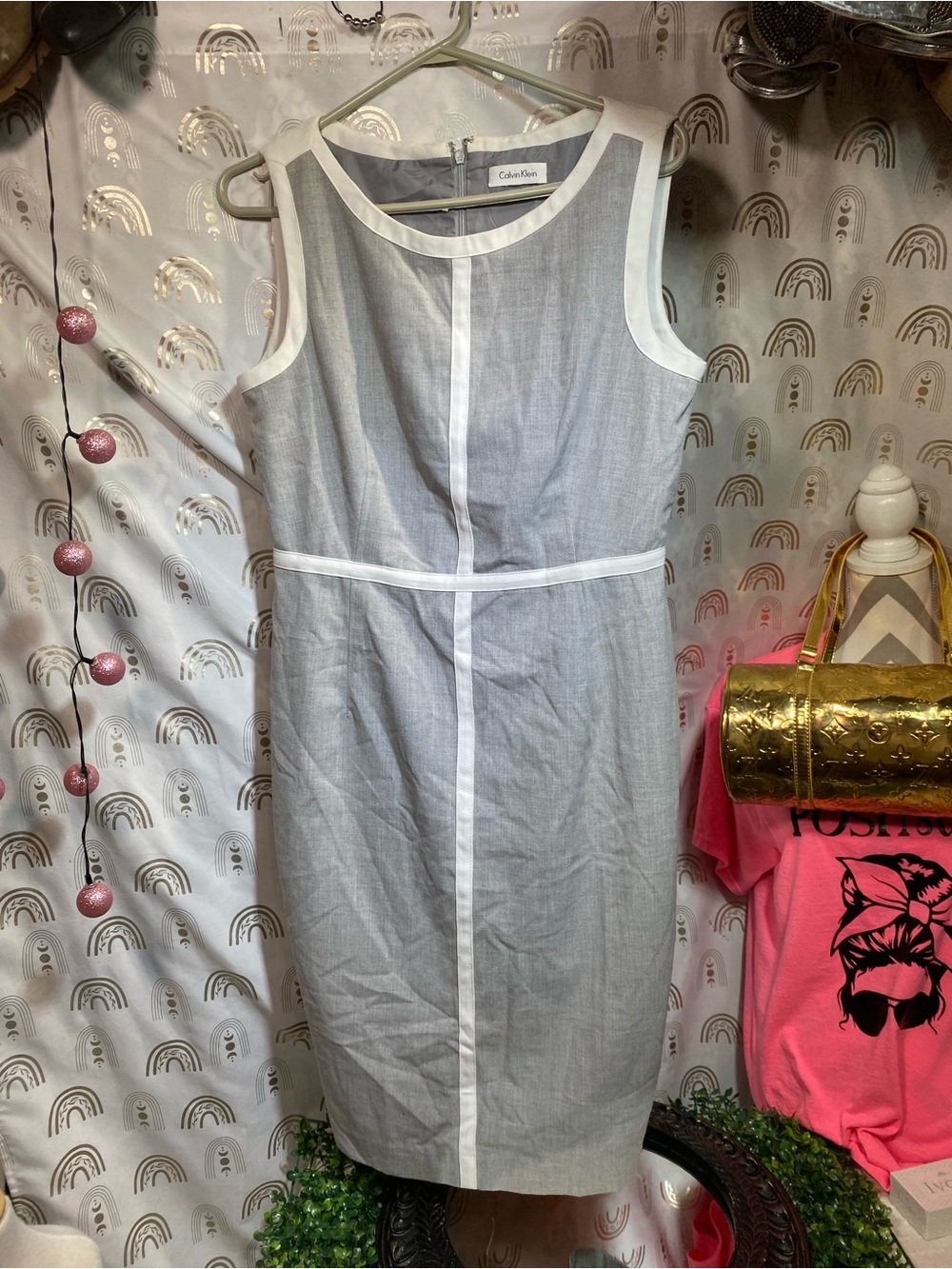 Calvin Klein Gray Midi Sheath Dress with White Trim